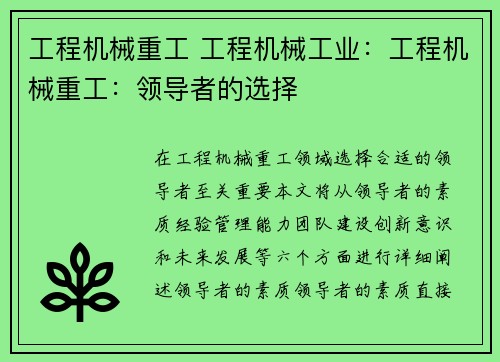 工程机械重工 工程机械工业:工程机械重工:领导者的选择 工程机械重工 工程机械工业:工程机械重工:领导者的选择